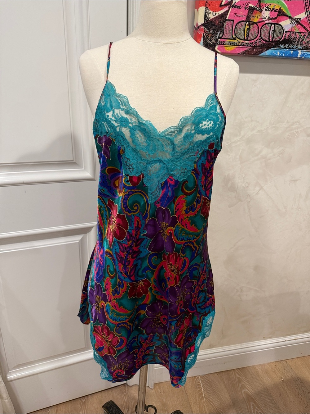 Vintage Victoria Secret Teal Lace-Trim Floral Satin Chemise Slip